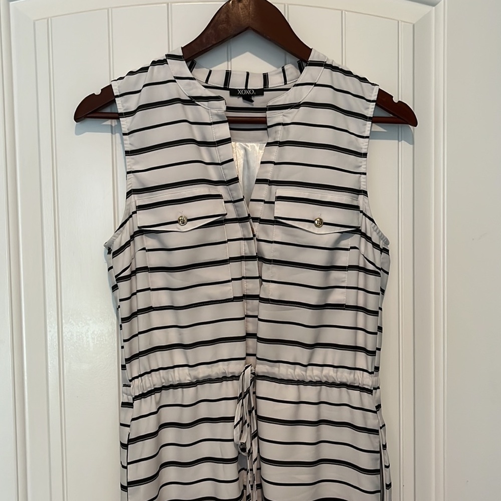 XOXO Womens Shift Dress White Black Stripe Drawstring Waist Stretch Pockets m